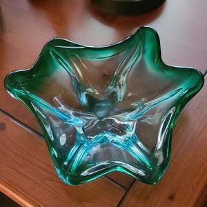 MCM Vintage Green and Blue Heavy Art Glass Accent Bowl